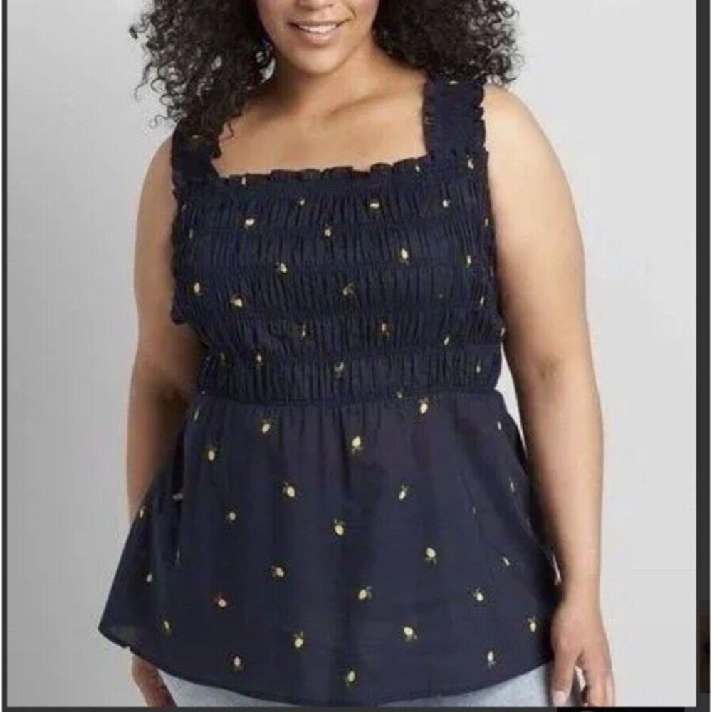 Lane Bryant Women 38/40 Smocked Sleeveless Blouse Navy with Lemon Print New